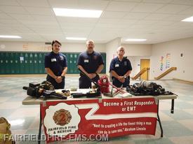 Firefighter Miles Leister, Captain Chad Fogle from Fairfield and Fire Chief Dave Martin from Fountaindale ready to answer questions about Junior Firefighter Program.